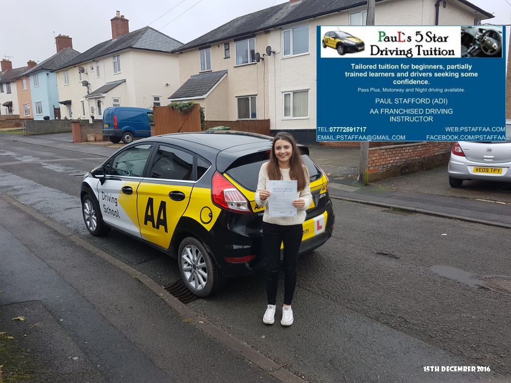 Test Pass Pupil Emily Morris with Paul's 5 star Driving Tuition